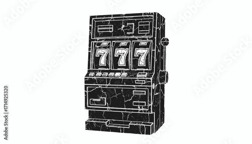 Slot machine with winning 777 jackpot, engraving sketch, black and white, grunge texture, on white background, SVG vector