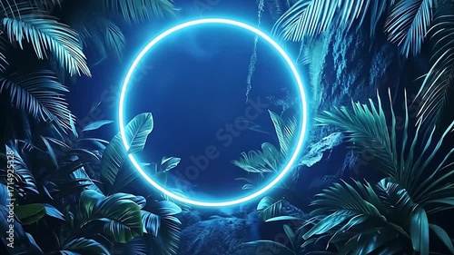 Circular lights shine through the blue leaves, representing the concept of global business with an abstract night sky design.