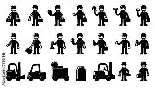 Diverse construction workers and industrial equipment icons symbolizing teamwork, progress, and manufacturing excellence for modern business projects and presentations