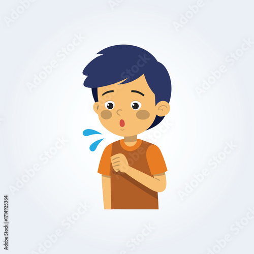 A character illustration of a boy coughing with an orange color shirt