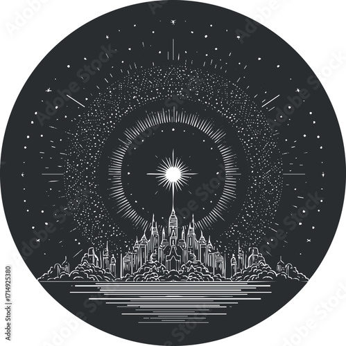A stylized city silhouette under a starry sky with a bright sun and cosmic elements.
