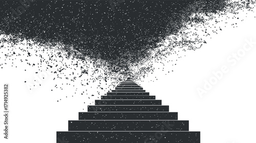 An abstract illustration of a staircase with particles dispersing into the air, showcasing depth.