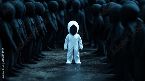A glowing blue human figure standing in contrast among dark identical silhouettes, representing individuality, leadership, uniqueness, and standing out with confidence