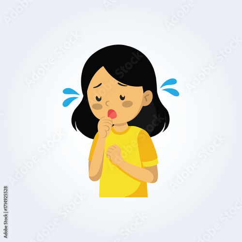 A character illustration of a girl coughing with black hair