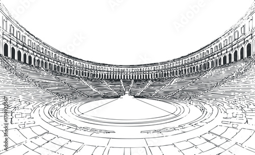 A detailed sketch of an ancient arena showcasing its architectural design and seating layout.
