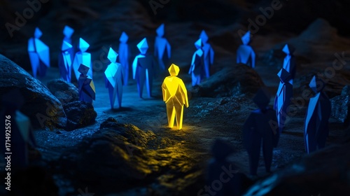 a glowing yellow human figure standing out among a dark blue crowd, concept art symbolizing individuality, leadership, confidence, and unique personality