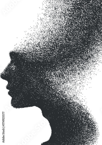 An abstract silhouette representing the dissolution of thoughts and emotions through particles.