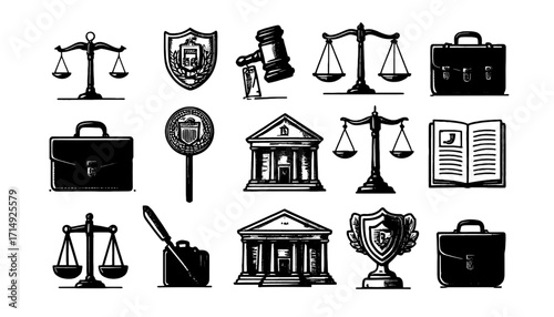 black and white icons set that  related to law