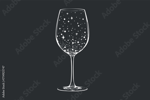 A minimalist illustration of a wine glass filled with stars against a dark background.