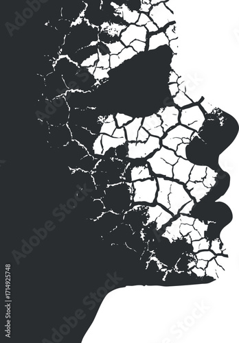 Artistic silhouette of a cracked face symbolizing fragility and transformation in a modern design.