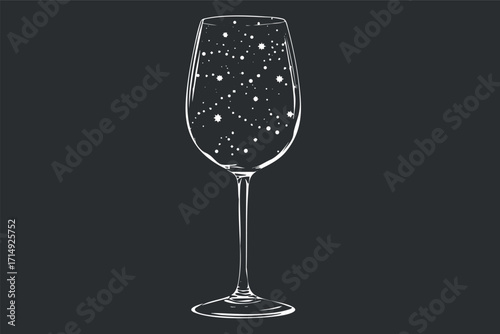 An elegant outline illustration of a wine glass filled with stars against a dark background