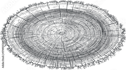 Illustration of a tree cross-section showing growth rings and wood grain details.