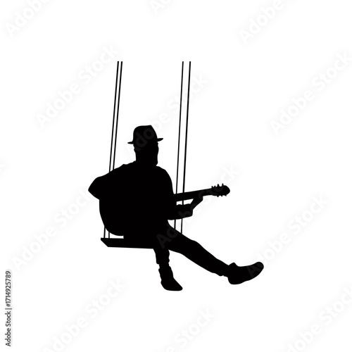 A stylized silhouette of a man sitting on a swing, playing an acoustic guitar.
