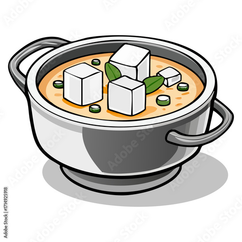 Vector cartoon illustration of a traditional Japanese miso soup with fresh tofu cubes and green herbs in a pot