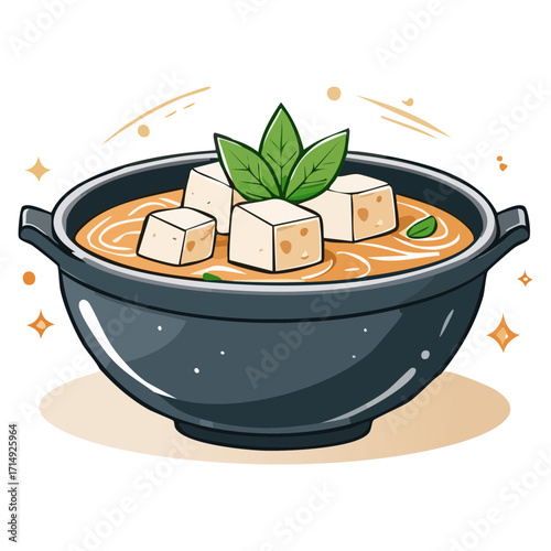 Delicious illustration of a bowl of savory soup with fresh basil and tofu cubes, perfect for a healthy meal