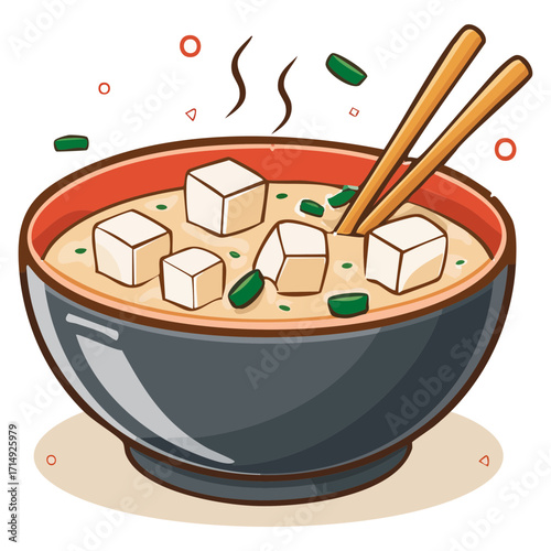 Delightful Tofu Miso Soup Bowl Illustration with Chopsticks and Steam