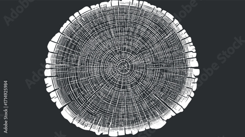 Illustration of a tree stump showing growth rings and wood texture on a dark background.