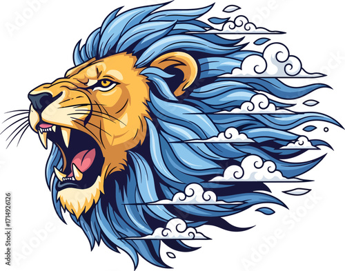 Roaring lion with dynamic blue mane transforming into stylized clouds, a powerful symbol of strength and freedom