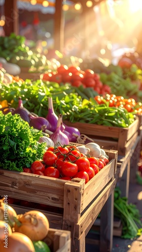 Wallpaper Mural Fresh produce overflowing from wooden crates at a market stall, bathed in golden sunlight Torontodigital.ca