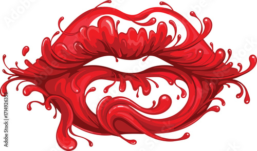 Vibrant red lips explode with dynamic liquid splashes creating a bold, sensual, and artistic statement for beauty and fashion campaigns