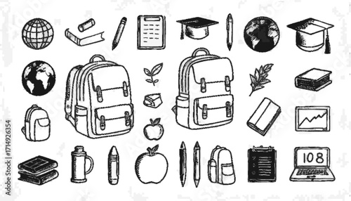 Dynamic collection of educational and school supplies icons including backpacks, globes, books, apples, and stationery, perfect for learning and academic themes