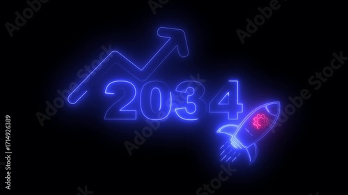 Wallpaper Mural Blue neon 2034 year with upward arrow graph and rocket ship icon on black background new year Torontodigital.ca