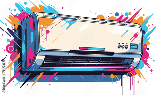 Vibrant illustration of an air conditioning unit, adorned with energetic paint splatters, representing refreshing comfort, efficient cooling technology, and dynamic artistic expression