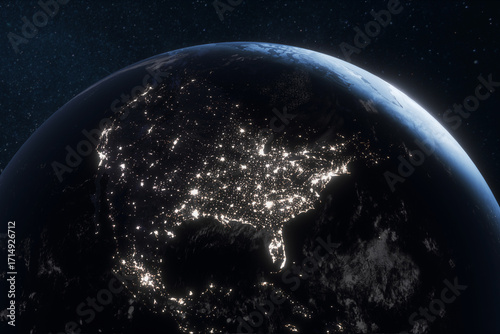Fototapeta Naklejka Na Ścianę i Meble -  Earth from space at night showing North America illuminated by city lights, highlighting urban areas, human activity, and global connectivity against the dark expanse of the universe.