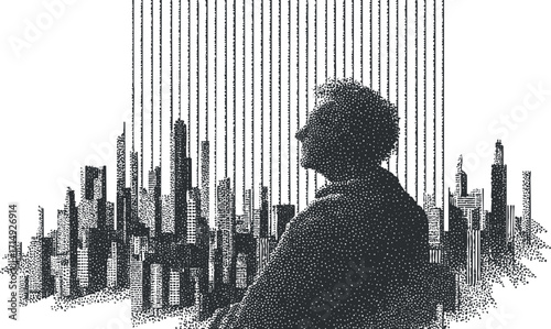 A silhouette of a man against a detailed cityscape, showcasing urban life and reflection.