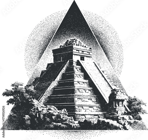 A striking geometric illustration of an ancient pyramid surrounded by trees and abstract patterns.