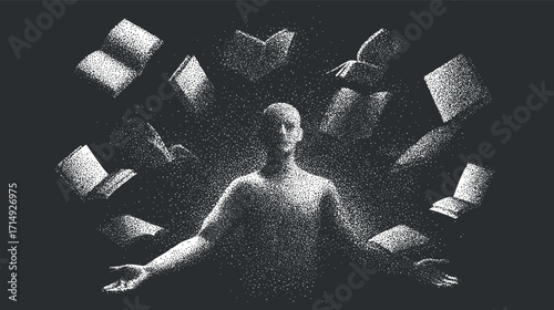 A human figure surrounded by floating books representing the power of knowledge and imagination.