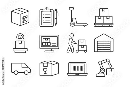 Collection of 12 linear warehouse icons including trolley, pallet jack, stacked boxes, fragile labels, scales, computers, and warehouse buildings.