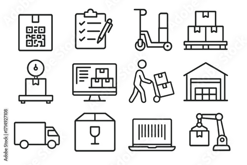 Set of 12 thin line icons for warehouse operations, showing inventory, pallets, QR codes, robotic arms, vans, and digital stock management tools.