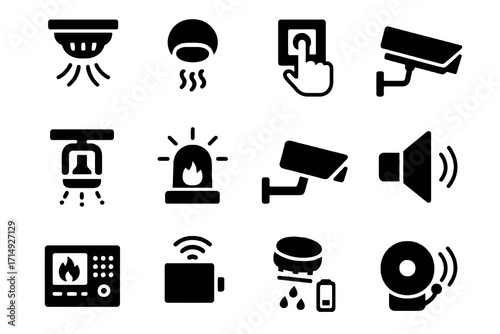 Set of 12 black glyph icons for fire detection and alarms, including smoke detector, heat sensor, manual call point, sprinklers, siren, and control panels.