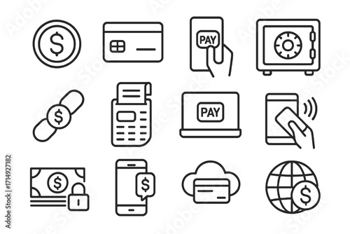 Collection of 12 linear icons for fintech and banking, including virtual cards, secure bills, contactless terminals, and global transactions.