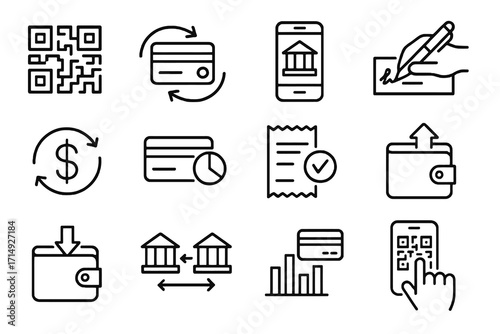 Collection of 12 linear financial icons, covering mobile banking, checks, QR codes, money transfers, receipts, and financial reports. Ideal for fintech apps.