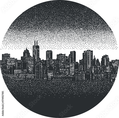 Stylized black and white skyline illustration featuring an urban landscape and city architecture.