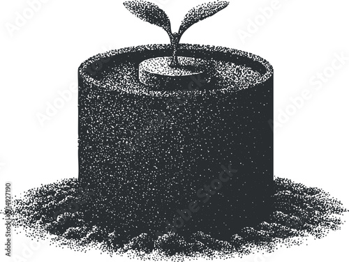 A stylized illustration of a seedling sprouting from soil symbolizing growth and sustainability.