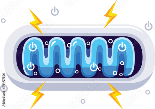 Vibrant mitochondria illustration, the powerhouse of the cell, generating energy with lightning bolts and power symbols