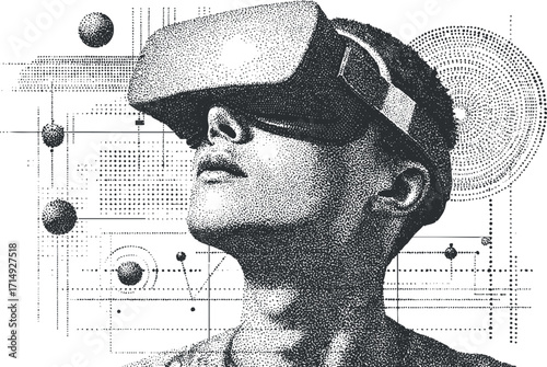 A young person wearing a virtual reality headset, immersed in an abstract digital environment.