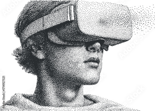 A young man wearing virtual reality goggles, immersed in a digital experience and technology.