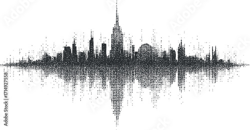 Abstract soundwave representation of a city skyline in monochrome design.