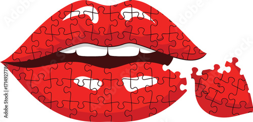 Captivating red lips with a missing puzzle piece symbolize secrets, hidden truths, or fragmented communication in a unique artistic concept