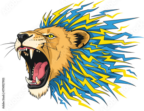 Roaring lion head with dynamic electric blue and yellow lightning mane conveying power and fierce energy for sports branding and abstract concepts