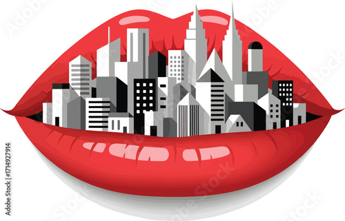 Vibrant red lips embrace a miniature modern cityscape, symbolizing urban dreams and ambitious aspirations for a dynamic future
