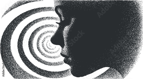 An abstract silhouette of a face surrounded by hypnotic spiral patterns in black and white.