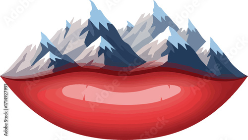 Stunning snow-capped mountains emerge dramatically from vibrant red lips, a surreal blend of nature and allure