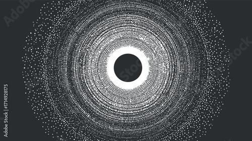 An abstract circular pattern composed of dots creating a dynamic visual effect on a dark background.