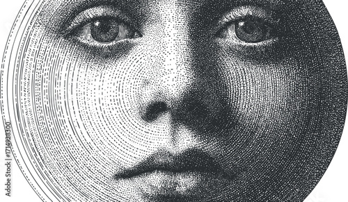 Abstract illustration of a female face with intricate line patterns and a surreal aesthetic