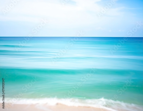 Fototapeta Naklejka Na Ścianę i Meble -  Abstract Teal and White Ocean Water with Blue Sky Seascape on Beach Landscape Scenery in Serene Daytime Scene in Minimalist Style